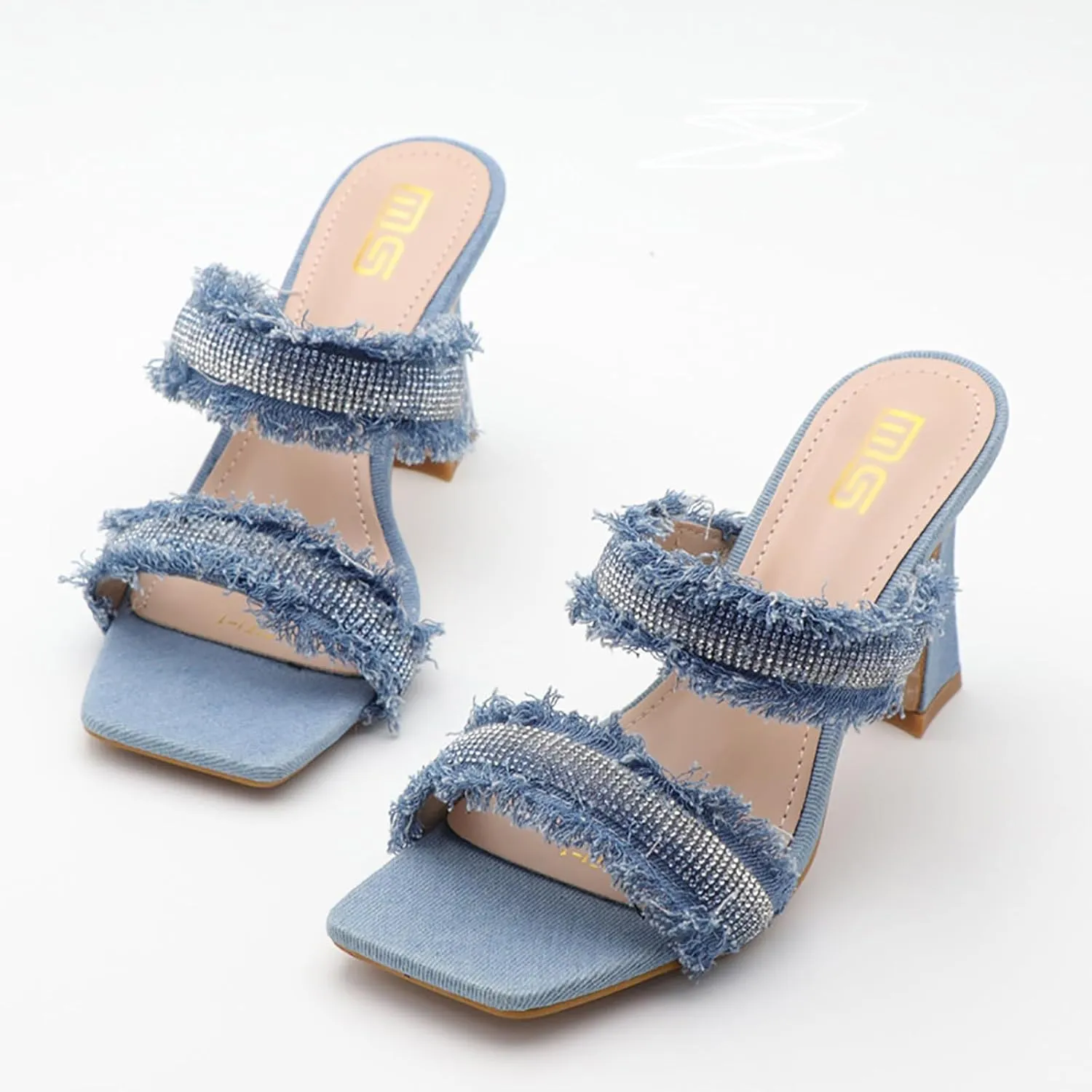 Women's Rhinestones Square Toe Two Strap High Heeled Sandals,Fashion Denim Fringe Open Toe Slip On Party Wedding Dress Pumps Summer Sexy Slingback Outdoor Slippers