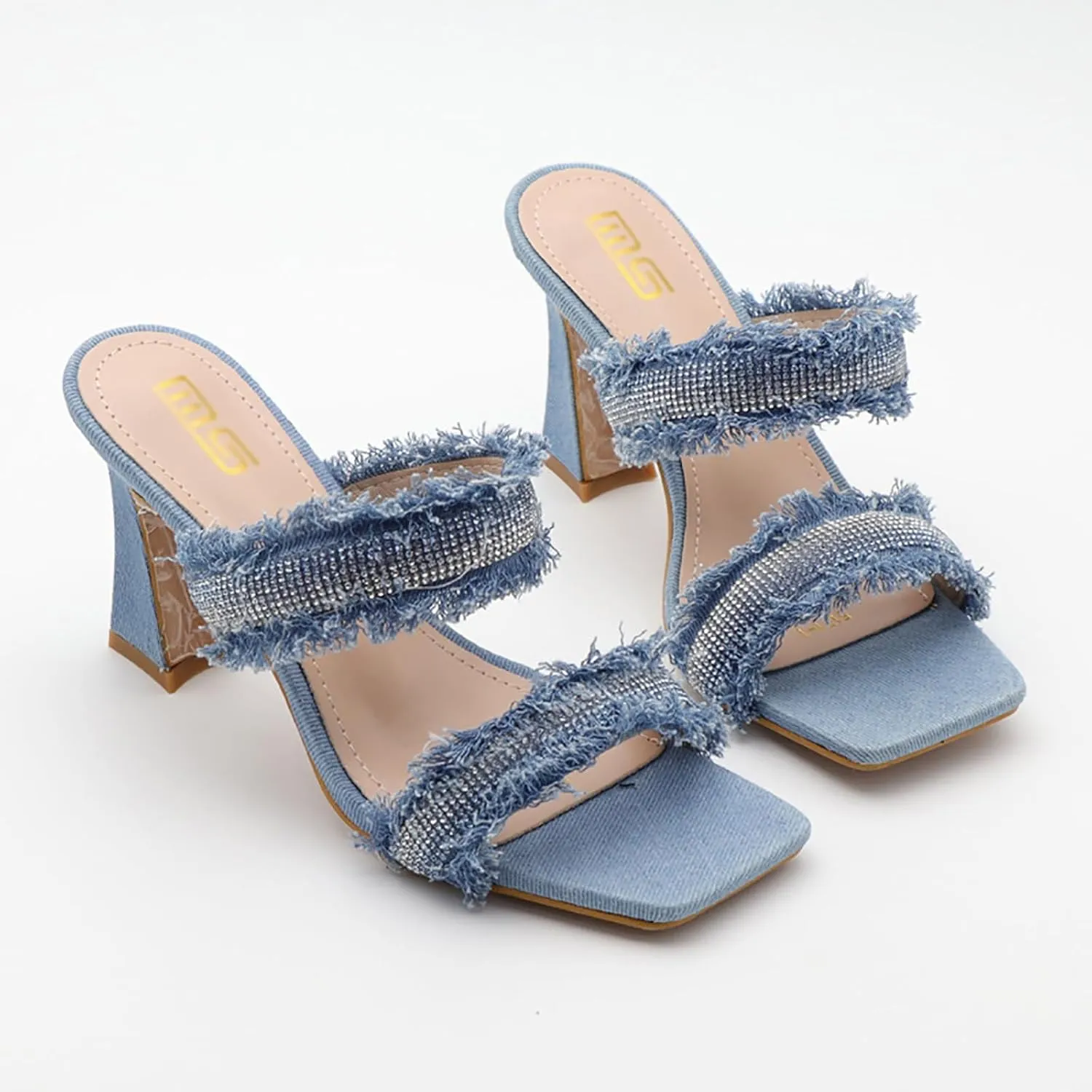 Women's Rhinestones Square Toe Two Strap High Heeled Sandals,Fashion Denim Fringe Open Toe Slip On Party Wedding Dress Pumps Summer Sexy Slingback Outdoor Slippers