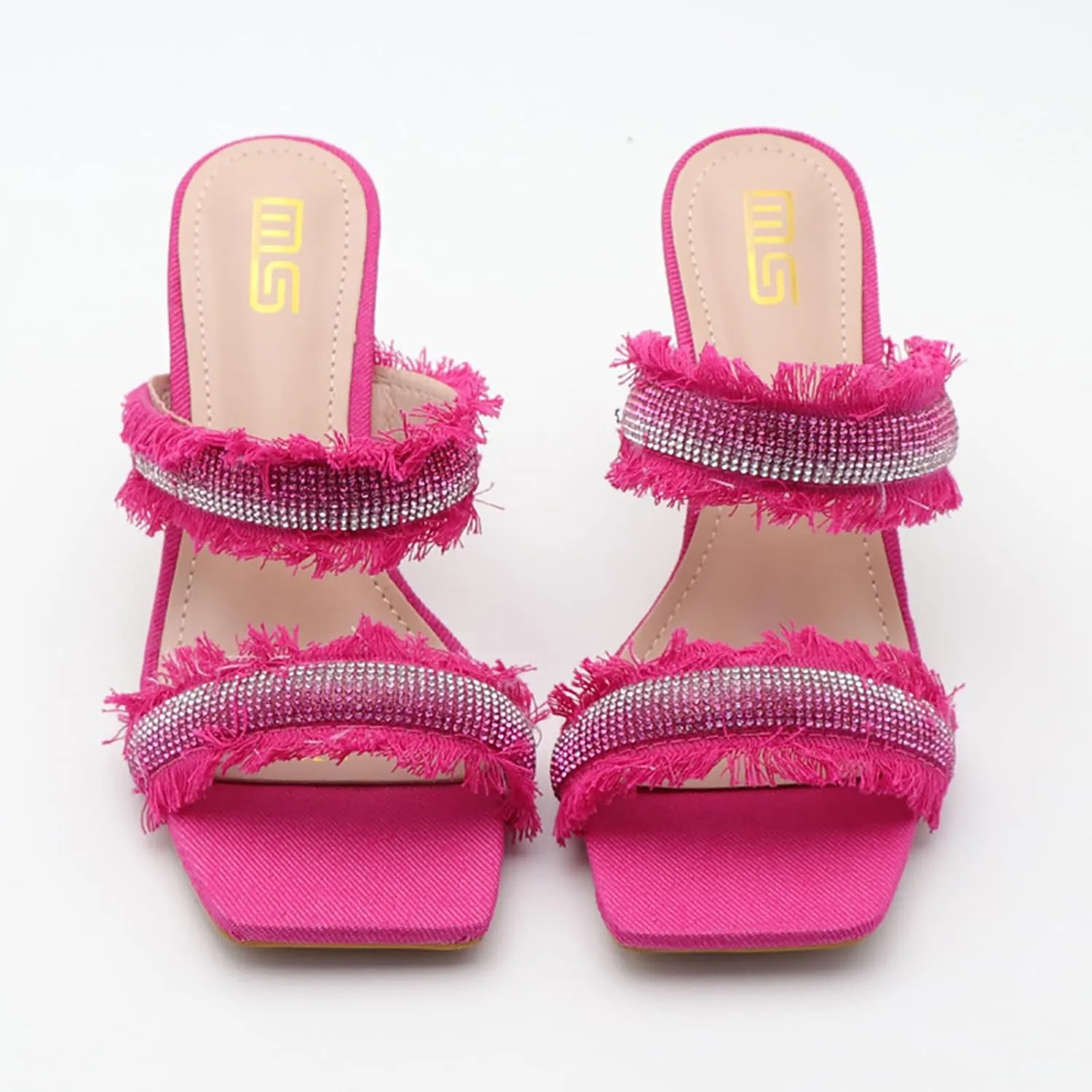 Women's Rhinestones Square Toe Two Strap High Heeled Sandals,Fashion Denim Fringe Open Toe Slip On Party Wedding Dress Pumps Summer Sexy Slingback Outdoor Slippers