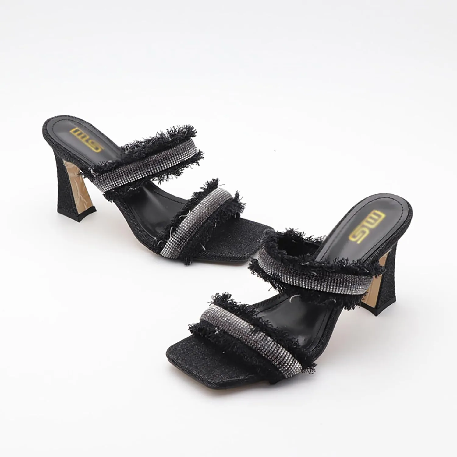 Women's Rhinestones Square Toe Two Strap High Heeled Sandals,Fashion Denim Fringe Open Toe Slip On Party Wedding Dress Pumps Summer Sexy Slingback Outdoor Slippers