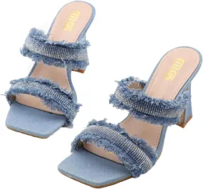 Women's Rhinestones Square Toe Two Strap High Heeled Sandals,Fashion Denim Fringe Open Toe Slip On Party Wedding Dress Pumps Summer Sexy Slingback Outdoor Slippers