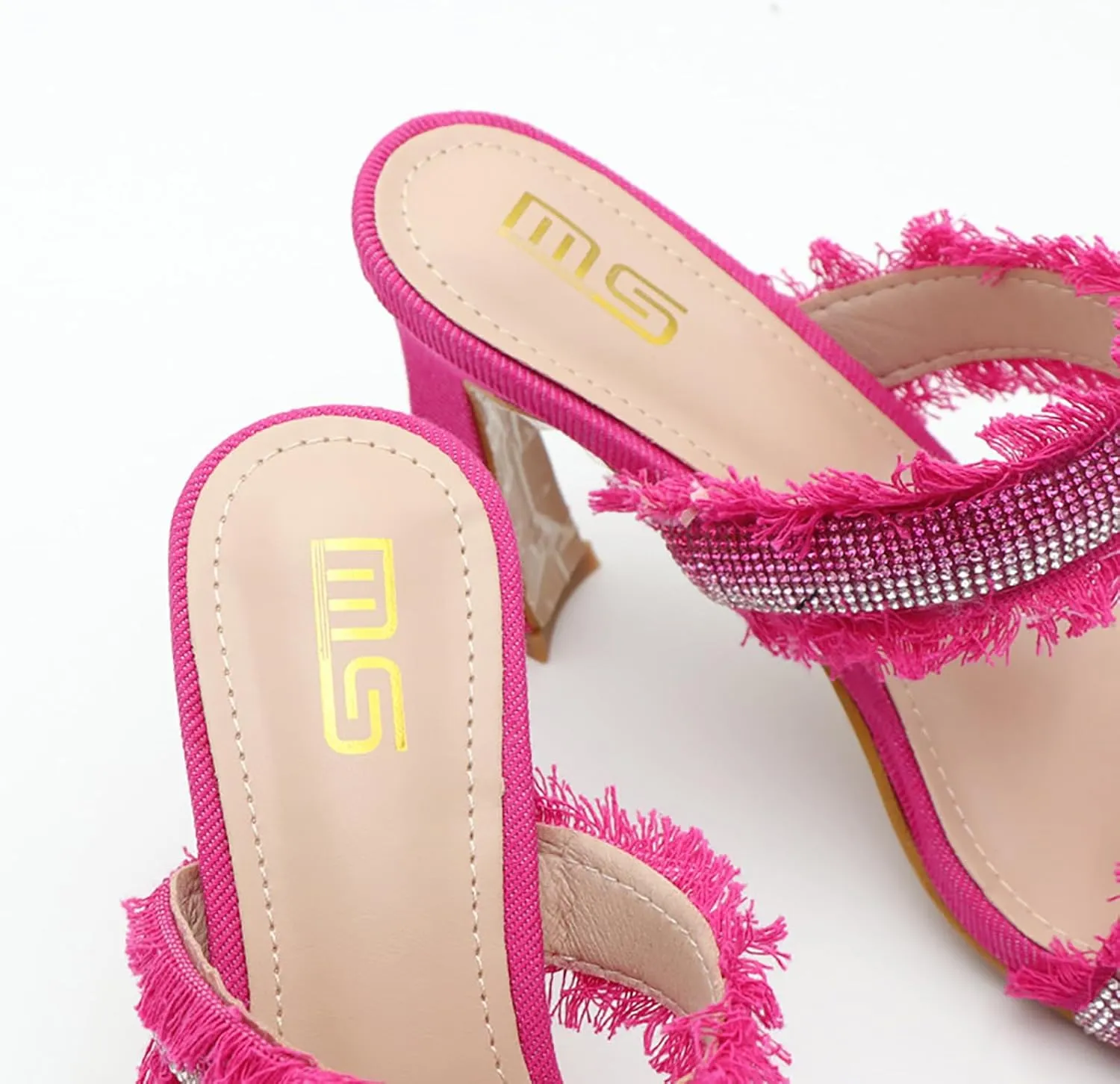 Women's Rhinestones Square Toe Two Strap High Heeled Sandals,Fashion Denim Fringe Open Toe Slip On Party Wedding Dress Pumps Summer Sexy Slingback Outdoor Slippers