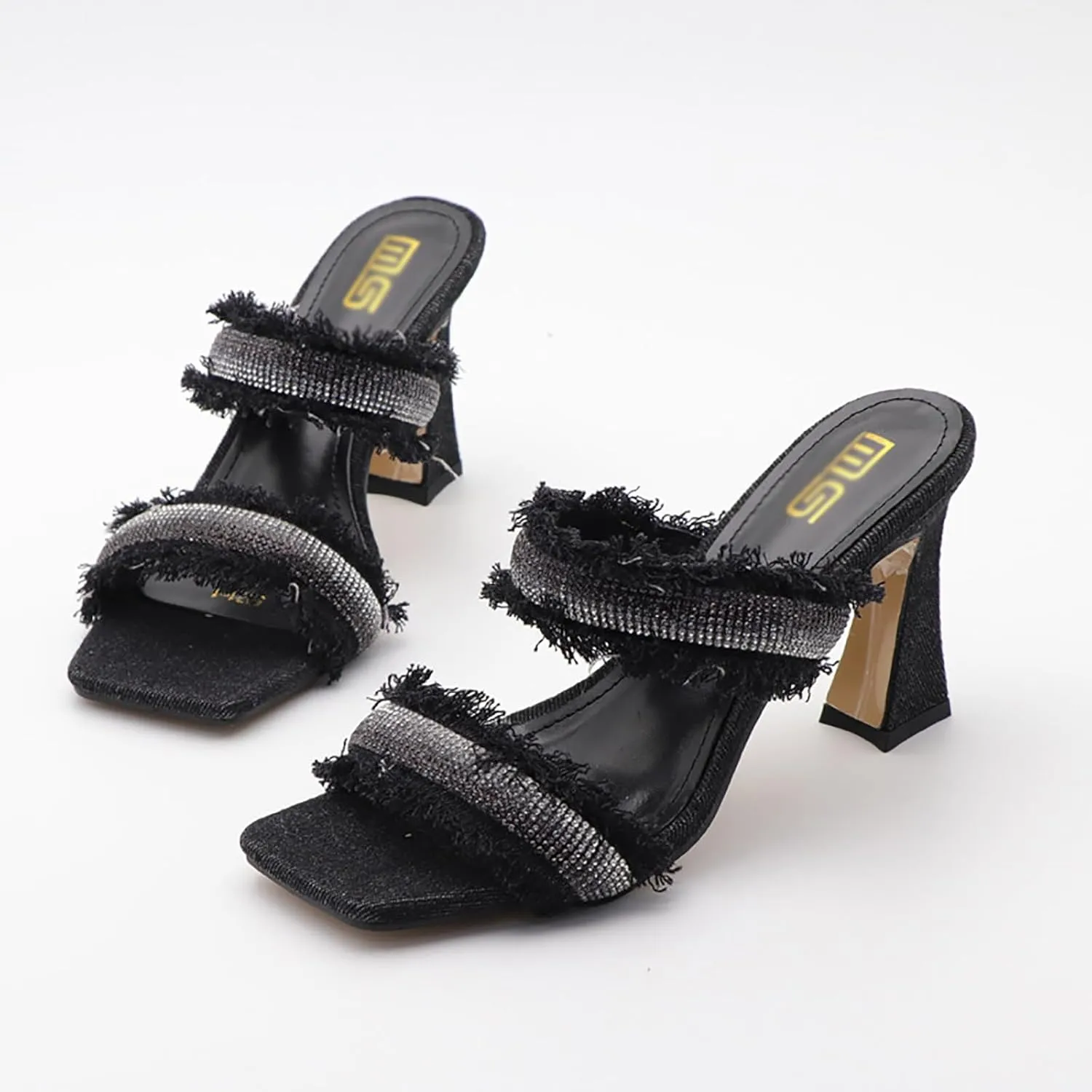 Women's Rhinestones Square Toe Two Strap High Heeled Sandals,Fashion Denim Fringe Open Toe Slip On Party Wedding Dress Pumps Summer Sexy Slingback Outdoor Slippers
