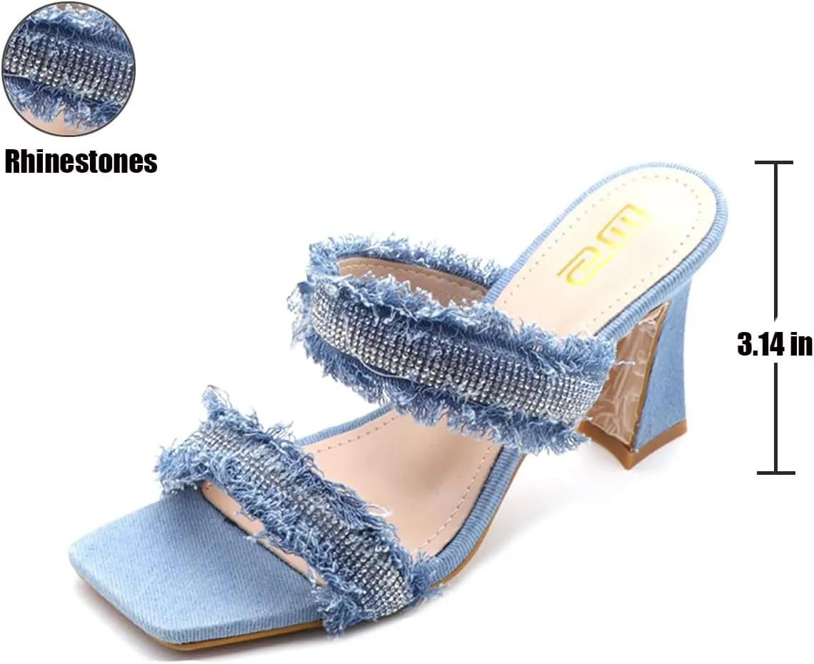 Women's Rhinestones Square Toe Two Strap High Heeled Sandals,Fashion Denim Fringe Open Toe Slip On Party Wedding Dress Pumps Summer Sexy Slingback Outdoor Slippers