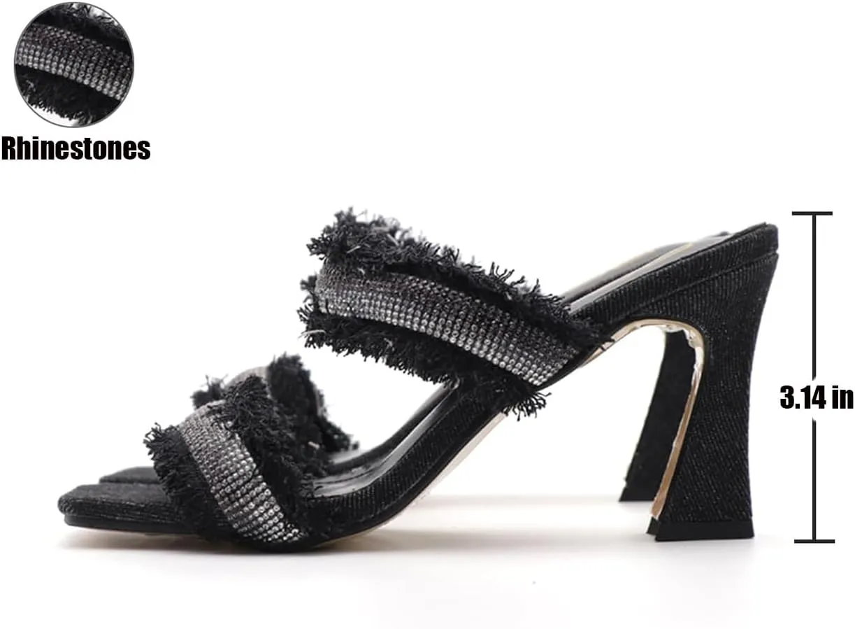 Women's Rhinestones Square Toe Two Strap High Heeled Sandals,Fashion Denim Fringe Open Toe Slip On Party Wedding Dress Pumps Summer Sexy Slingback Outdoor Slippers