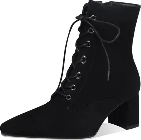 Z.Oufeier Women's Chunky Ankle Boots with Low Block Heel Fashion Leather Lace Up Pointed Toe Heeled Booties